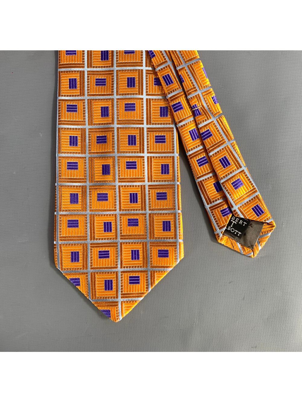 ROBERT TALBOTT Orange Blue & Silver Geometric Silk Tie